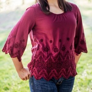 Sonoma▪️Maroon Eyelet 3/4 Sleeve